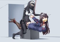 2girls absurdres black_hair bondage bondage bondage bound commission gag glaring hairband highres kasumigaoka_utaha kidnapped mask multiple_girls nun red_eyes restrained saenai_heroine_no_sodatekata white_hairband yuri