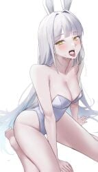 animal_ear_headwear animal_ears barefoot blanc_(nikke) blunt_bangs breasts cum cum_in_mouth cum_on_body cum_on_tongue female goddess_of_victory:_nikke highres leotard long_hair maviss_03 non-web_source open_mouth rabbit_ears sitting strapless strapless_leotard very_long_hair wariza white_background white_hair white_leotard yellow_eyes