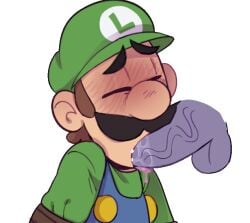 1boy animated arms_tide balls blowjob blue_overalls blush bound closed_eyes clothing erection facial_hair faggotrat floating_penis gay gay_sex genitals green_hat green_shirt hat light_skin light_skinned_male luigi male male_only mario_(series) moustache nintendo oral oral_sex overalls penis penis_in_mouth purple_penis saliva saliva_drip shirt testicles transparent_background veiny_penis