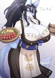 beer beer_mug big_breasts breasts charcuterie_board cheese cleavage female furry huge_breasts olive_(fruit) tagme thick_thighs voluptuous voluptuous_female wide_hips yamame513