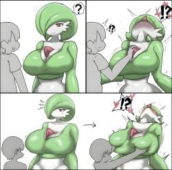 !? 1boy 1girls 2d_(artwork) ? angry_face anthro big_breasts blush edited_image enigi09 female gardevoir hand_on_breast heart human humanoid large_breasts male pokemon pokemon_(species) size_difference smaller_male smiley_face sweat tongue_out video_games