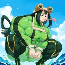 bodysuit frog_girl goggles_on_head huge_breasts long_hair massive_pecs muscle_growth muscular_female my_hero_academia octonado tight_clothing tounge_out tsuyu_asui veiny_muscles