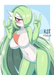 absurd_res big_breasts blue_background blush breasts chest_spike eyelashes female front_view gardevoir generation_3_pokemon gesture green_body green_hair hair hair_over_eye hand_gesture hi_res huge_breasts humanoid long_hair looking_at_viewer nintendo pokemon pokemon_(species) red_eyelashes rj40047087 simple_background solo spikes spikes_(anatomy) thick_thighs v_sign white_background white_body wide_hips