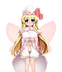 blonde_hair blue_eyes blush breasts crotchless_clothes dress dress_lift erect_nipples female hat large_breasts lily_white long_hair pussy solo touhou toumeikousokudouro very_long_hair