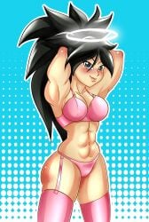 ass black_eyes black_hair blue_background bra breasts cartoon commission dark_hair dragon_ball dragon_ball_super dragon_ball_xenoverse dragon_ball_z female female female_focus female_only female_saiyan full_color girl half_body halo hand_on_head makeup muscular muscular_female original_character panties pink_clothing serena_(dragon_ball) underwear