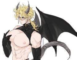 amber_eyes ambush_(trap) androgynous blonde_hair dio_brando dragon_humanoid dragon_tail femboy horns long_hair looking_at_viewer muscular_femboy pecs succubus yellow_eyes