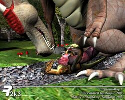 2003 3_toes big_penis claws dinosaur dragon forest frottage furry furry_only gay happy horn macro male no_humans penis rangarig raptor scalie size_play sizeplay smile teeth tree varby