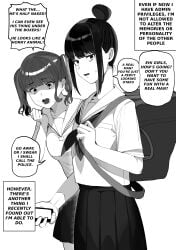 artist_request black_eyes black_hair disgusted english_text girls greyscale male_only original scared scared_expression scared_face school_uniform schoolgirl sequence smartphone twintails virtual_reality