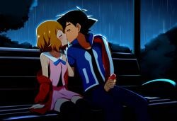 1boy1girl ai_assisted ai_generated handjob kissing makeout night penis pokemon rain satoshi_(pokemon) serena_(pokemon) storm