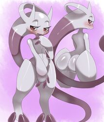 3_fingers 3_toes anthro ass barefoot big big_butt blush eyelashes female frown hi_res legendary_pokemon looking_at_viewer looking_back mega_evolution mega_mewtwo_y mewtwo nintendo nude pink_background plain_background pokemon pokemon_(species) presenting presenting_hindquarters presenting_pussy pussy raised_arm red_eyes solo sssonic2 sweat video_games