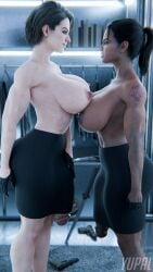 2futas 3d big_breasts breasts bulge bulge_through_clothing capcom dark-skinned_futanari dark_skin futa_on_futa futa_only futanari huge_cock jill_valentine light-skinned_futanari light_skin nipples penis resident_evil sheva_alomar yupal