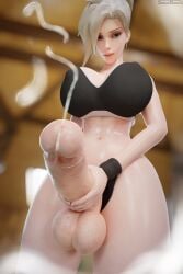 1futa 3d blizzard_entertainment blonde_hair cum cumming erection futa_only futanari huge_cock masturbation mercy overwatch penis shadowboxer solo