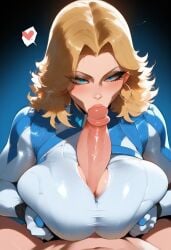 ai_generated big_breasts blonde_hair blue_eyes bodysuit breast_squeeze civitai invisible_woman invisible_woman_(marvel_rivals) kissing_penis light-skinned_female light-skinned_male marvel marvel_rivals milf paizuri sue_storm superheroine