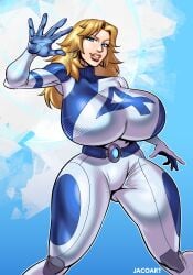 absurdres alternate_breast_size artist_name blonde_hair blue_bodysuit blue_eyes bodysuit breasts fantastic_four female highres huge_breasts invisible_woman invisible_woman_(marvel_rivals) jacogramc long_hair looking_at_viewer marvel marvel_rivals sue_storm superhero_costume two-tone_bodysuit white_bodysuit