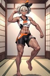 abs ai_generated armpit_hair bea_(pokemon) bulge feet futanari grey_hair happy_trail knee_up muscular muscular_female pokemon sweaty toned toned_female