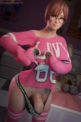 1futa 3d brown_hair bulge dead_or_alive futa_only futanari glasses honoka_(doa) overwatch panties penis penis_in_panties shadowboxer solo tagme