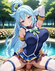 1boy 1girls ai_generated aqua_(konosuba) armpit blue_eyes blue_hair bouncing_breasts bow clothed_sex cowgirl_position dress earrings illustrious_(stable_diffusion) kono_subarashii_sekai_ni_shukufuku_wo! large_breasts long_hair orgasm payop reverse_cowgirl_position sex smirk smug