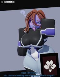 1girls 3d big_breasts blue_mantis_(isle) bodysuit breasts english_text female_focus insect_girl isle_(roblox) roblox roblox_game robloxian self_upload sticking_out_tongue tagme text thick_thighs thighs vanilla1145