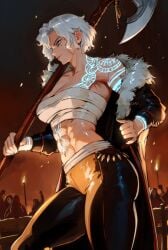 abs axe biceps breasts cape clothed clothes clothing coat glowing_tattoo mole muscular muscular_female oc original original_character pants robustaart scar scar_on_face short_hair tattoos tight_pants white_hair