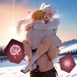 1boy 1girls ahegao ai_generated blonde_hair blue_eyes clothed_sex coat cum cum_in_pussy cum_inside fertilization fur_collar fyssok heart-shaped_pupils heavy_breathing high_heel_boots impregnation jaune_arc lake leglock legs_around_partner ovum rwby sex side_ponytail snow snowing sperm_cell stable_diffusion standing standing_sex suspended_congress tree weiss_schnee white_hair winter