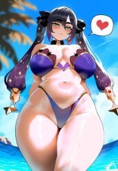 ai_generated arms_behind_back ass ass_focus beach big_ass big_breasts big_butt big_thighs bikini clothing dijiai female female_only focus from_below from_front_position front_view genshin_impact highleg hourglass_figure looking_at_viewer mona_(genshin_impact) ocean round_ass round_butt spoken_heart thick thick_ass thick_butt thick_legs thick_thighs thighs wide_hips