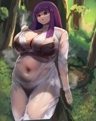 1girls absurd_res breasts chubby chubby_female female female_only fern_(sousou_no_frieren) hi_res large_breasts light-skinned_female light_skin purple_eyes purple_hair see-through see-through_clothing solo sousou_no_frieren thick_thighs thighs yotahen