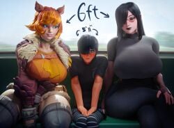 1boy 2girls 3d big_breasts black_hair breasts clothed clothing female hotel_transylvania huge_breasts light-skinned_female light-skinned_male light_skin marvel marvel_comics marvel_rivals mavis_dracula mini_giantess scrag_boy sitting size_difference squirrel_girl_(marvel)