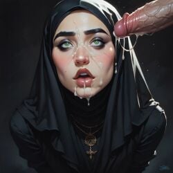 1boy 1femboy abaya after_fellatio ai_generated cum cum_on_face facial femboy green_eyes hijab huge_cock jokerofhearts looking_up male_out_of_frame muslim muslim_female muslim_femboy