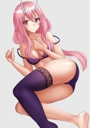 1girls ass blush bra bra_strap_down breasts female_focus female_only gray_background horns kazenokaze medium_breasts oni oni_female oni_horns panties pink_hair red_eyes shuna_(tensei_shitara_slime_datta_ken) simple_background single_stocking solo solo_female stockings tensei_shitara_slime_datta_ken