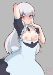 blush exhibitionism exhibitionist exposed_breasts fire_emblem fire_emblem:_three_houses lysithea_von_ordelia maid maid_uniform nintendo ryumi-gin teasing teasing_viewer white_hair