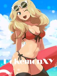 1girls beach big_breasts bikini blonde_hair blue_eyes breasts cleavage human human_only ikeshita_moyuko legwear nintendo open_mouth pokemon pokemon_xy serena_(pokemon) serena_(pokemon_games) smiling sunglasses_on_head surfboard tagme water