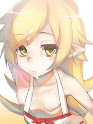 :< blonde_hair breasts cum cum_on_body cum_on_upper_body female long_hair looking_at_viewer monogatari_(series) nipples oshino_shinobu pointy_ears rbx_lamen simple_background small_breasts solo white_background yellow_eyes