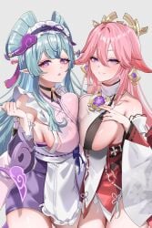 2girls animal_genitalia big_breasts blue_hair genshin_impact green_hair huge_breasts huge_thighs kimono pink_hair purple_eyes thighs yae_miko