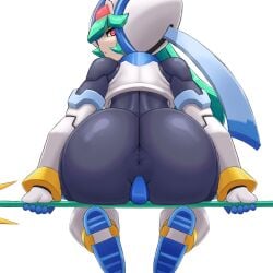 1girls android anus armor armored_female ass ass_focus ass_visible_through_thighs asshole clothed darkafterdark green_hair looking_back mega_man_zx mega_man_zx_advent pandora_(mega_man) presenting presenting_ass presenting_hindquarters red_eyes reploid simple_background sitting sitting_down skin_tight