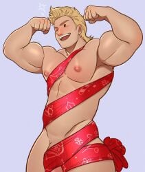 abs bara biceps blonde_hair boku_no_hero_academia bulge llamasart male male_nipples male_only manly mirio_togata muscular_male my_hero_academia nipples nude nude_guy_wrapped_in_ribbons_standing_(meme) pecs penis