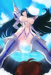 ass black_hair blue_eyes breasts female from_below garter_straps gloves junketsu kill_la_kill kiryuuin_satsuki komoesuta_coin large_breasts long_black_hair long_hair navel nipples standing studio_trigger suspenders thighhighs thong