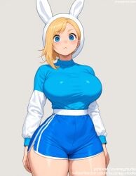 adventure_time ai_generated animal_ears animal_hood arms_at_sides asymmetrical_bangs bangs blonde_hair blue_eyes blue_shirt blue_shorts blush breasts bunny_ears cartoon_network closed_mouth clothing covered_navel cowboy_shot female female female_only fionna_and_cake fionna_campbell fionna_the_human_girl grey_background high-waist_shorts hood hood_up hoodie jousneystudio large_breasts long_sleeves looking_at_viewer patreon_username shiny shirt shirt_tucked_in short_hair short_shorts shorts simple_background solo standing swept_bangs taut_clothes thick_thighs thighs username watermark web_address