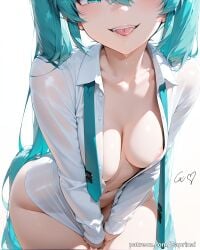 1girls ai_generated areola_slip big_thighs blue_eyes blue_hair caprinai covering_crotch eyes_out_of_frame hatsune_miku highres leaning_forward long_hair loose_necktie medium_breasts navel no_bra no_panties open_shirt oversized_shirt see-through simple_background smile stomach thighs tongue_out upper_teeth vocaloid