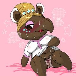 animal_crossing anthro blonde_hair blush breasts brown_eyes chubby denmoko female female_only hair_bun lipstick luna_(animal_crossing) mammal medium_breasts nintendo panties red_lipstick shirt_lift short_hair solo steam sweat tapir underwear video_games