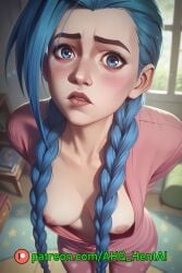 ahq_hentai ai_generated arcane arcane_jinx blue_hair blush breasts exposed_breasts jinx_(league_of_legends) league_of_legends nipples pajamas pink_eyes shy stable_diffusion