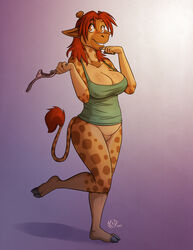 2013 amber_eyes anthro breasts cleavage clothing female ginger_hair giraffe kadath kadath_universe panties piercing pussy puzzle_(kadath) solo spots standing underwear vest