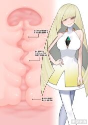 absurdres blonde_hair breasts cervix closed_mouth commentary_request cross_section dress female green_eyes hair_over_one_eye hand_on_own_hip highres large_breasts long_hair looking_at_viewer lusamine_(pokemon) pipi20211026 pokemon pokemon_sm sleeveless sleeveless_dress smile solo standing translation_request very_long_hair white_dress