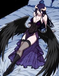 albedo_(overlord) bed black_hair el_blado fishnet_legwear fishnet_thighhighs fishnets lying_on_back overlord_(maruyama) purple_dress succubus thighhighs wings