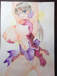 armpit breasts cattleya clenched_teeth drawn erect_nipples glasses large_breasts milf nipples queen's_blade torn_clothes watercolor