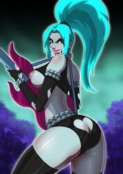 1girls ass big_ass breasts danny_phantom dat_ass ember_mclain female female_only ghost ghost_girl guitar looking_at_viewer looking_back nickelodeon nipple_piercing sharp_teeth solo thick_thighs thunder_thighs tovio_rogers