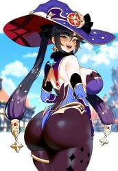 ai_generated ass ass_focus big_ass big_breasts big_butt big_thighs clothing dijiai fat_ass female female_only focus from_front_position front_view genshin_impact happy hourglass_figure looking_at_viewer mona_(genshin_impact) pose round_ass round_butt thick thick_ass thick_butt thick_legs thick_thighs thighs wide_hips