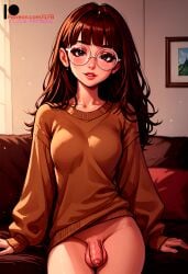 ai_generated ambiguous_gender brown_hair dickgirl femboy flaccid flaccid_penis flat_chest futanari glasses ilfb long_hair looking_at_viewer medium_breasts standing trap