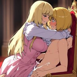 ai_generated armin_arlert assertive_female attack_on_titan blonde_hair blue_eyes blush clothed_sex dress ejaculation emilie_de_rochefort female_on_top femboy femboy_on_female hugging smile tekken