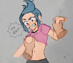 1girls angry_face bibi_(brawl_stars) black_pants blue_hair blush brawl_stars high_resolution nipples no_bra pink_shirt