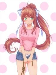 2018 anime_style brown_hair color ddlc_background doki_doki_literature_club female female_only green_eyes hi_res high_resolution highres looking_away monika_(doki_doki_literature_club) noose panties ribbon_panties short_jeans thighs white_bow